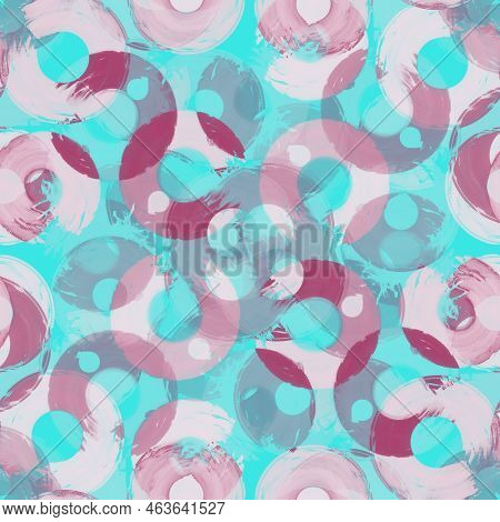 Seamless Pattern With Turquoise,rosybrown Semi-rings Paint Brush Strokes,halftone.round Shapes Of Ha