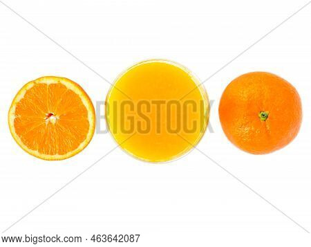 Glass Of Fresh Orange Juice And Half Of Cutted Orange Fruit And Whole Fruit Isolated Png