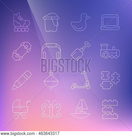Set Line Toy Building Block Bricks, Puzzle Pieces Toy, Train, Rubber Duck, Headphones, Skateboard, R