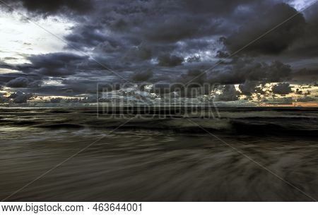 Dramatic Sunset Over Baltic Sea With Oil Platform In Background - Lubiatowo, Pomerania, Poland