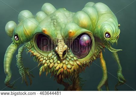 Funny Monster With Claws And Many Eyes On Green Background. Green Alian.