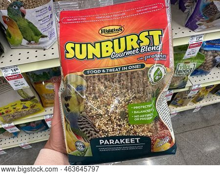 Plymouth, Minnesota - October 14, 2022: Higgins Sunburst Gourmet Blend Parakeet Bird Food (seeds And