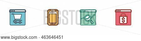 Set Online Shopping On Screen, Mobile Phone, Website With Stocks Market And Icon. Vector