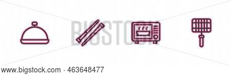 Set Line Covered With Tray Of Food, Microwave Oven, Food Chopsticks And Barbecue Steel Grid Icon. Ve