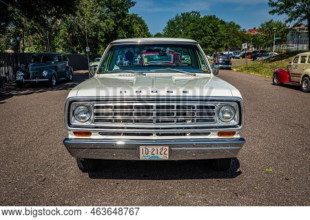 Falcon Heights, Mn - June 19, 2022: High Perspective Front View Of A 1975 Dodge D100 Pickup Truck At