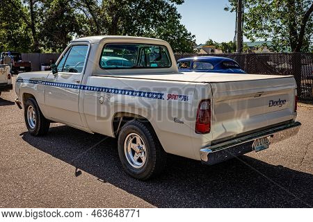 Falcon Heights, Mn - June 19, 2022: High Perspective Rear Corner View Of A 1975 Dodge D100 Pickup Tr