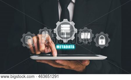 Metadata Concept, Businessman Touching On Tablet With Vr Screen Metadata Icon On Black Background, I