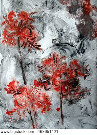 Blooming Lycoris, Spider Lily, Red Flowers On A Gray Background, Acrylic Painting