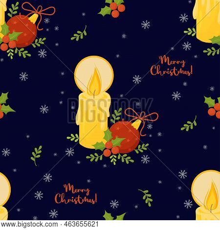 Christmas Seamless Pattern. Christmas Tree Ball, Burning Candle, Holly, New Years Decor On Blue Back