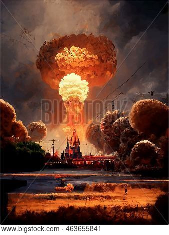 Mushroom From The Explosion Of A Nuclear Bomb Over The City. Nuclear War In The World. End Of The Wo