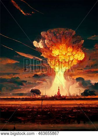 Mushroom From The Explosion Of A Nuclear Bomb Over The City. Nuclear War In The World. End Of The Wo