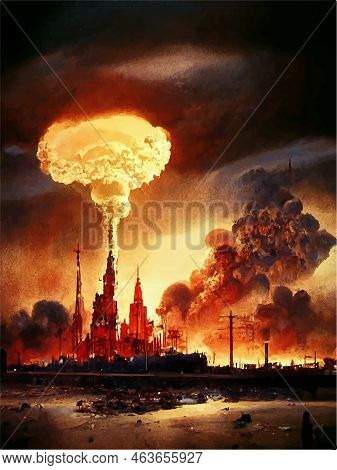 Mushroom From The Explosion Of A Nuclear Bomb Over The City. Nuclear War In The World. End Of The Wo
