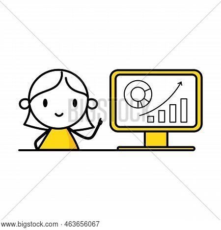 Woman Analyzes Chart And Graph Data, Working With Data Visualization On Computer. Digital Data Analy