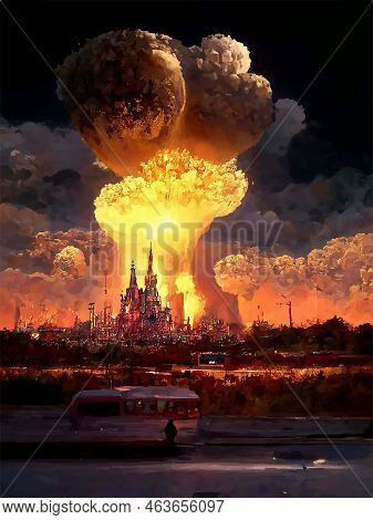 Mushroom From The Explosion Of A Nuclear Bomb Over The City. Nuclear War In The World. End Of The Wo