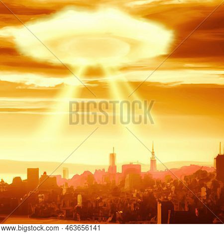 Mushroom From The Explosion Of A Nuclear Bomb Over The City. Nuclear War In The World. End Of The Wo