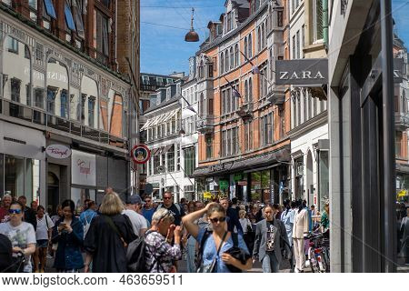 Copenhagen, Denmark - July 11, 2022: People On Main Pedestrian And Shopping Street Called Stroget In