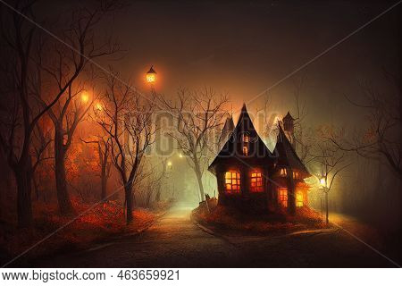 Mystical Autumn Village, Spooky Farytale Houses Or Witch Huts, Dark And Scary Village Illuminated At