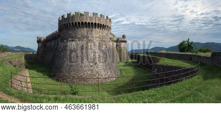 Towers And Walls With Bridge And Moat Of The Medieval Fortress Of Sarzanello In Sarzana, Beautiful T