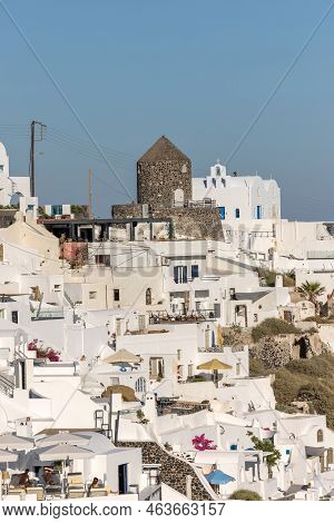 Imerovigli, Santorini, Greece - June 29, 2021: Whitewashed Houses In Imerovigli On Santorini Island,
