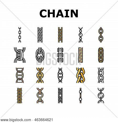 Chain Metal Connection Link Icons Set Vector. Steel Object, Element Iron, Strong Abstract Strength, 