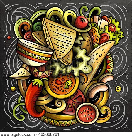 Mexican Food Hand Drawn Vector Doodles Illustration. Cuisine Poster Design. Mexica Menu Elements And