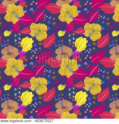 Beautiful Seamless Pattern Of Maize Crayol, Raw Sienna Color Hibiscus Flower, Ua Red, Jazz Berry Red