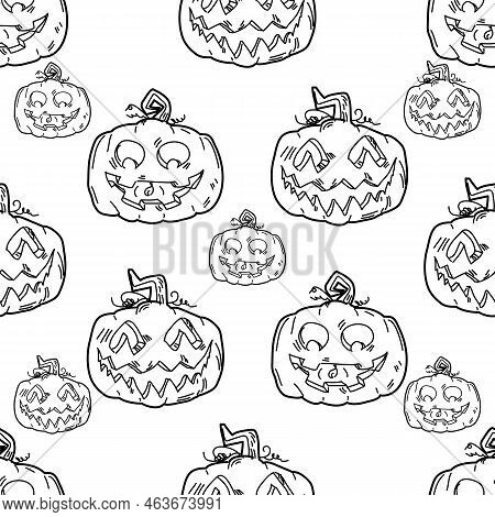 Seamless Halloween Pattern With Jack O' Lantern Pumpkin. Vector Background, Wrapping Paper, Invitati