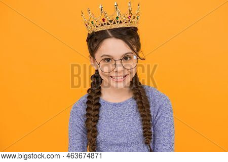 Accessorize Your Beauty. Little Beauty Queen Yellow Background. Beauty Look Of Small Girl. Junior Pr