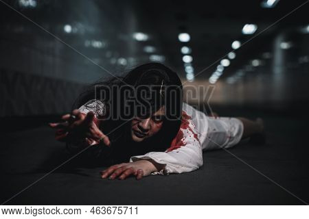 Horror Asian Woman Zombie With Blood Creepy Crawling Move Slowly Creeping Out, Spooky Ghost Tousled 