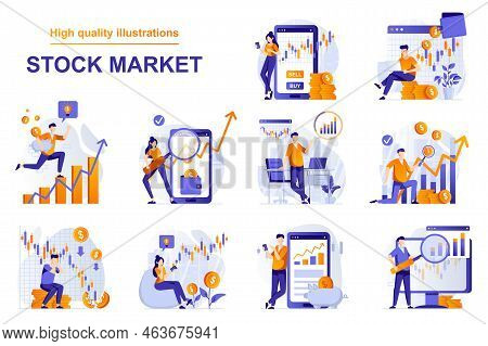 Stock Market Web Concept With People Scenes Set In Flat Style. Bundle Of Analyzing Market Data, Stoc