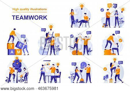 Teamwork Web Concept With People Scenes Set In Flat Style. Bundle Of Colleagues Work Together, Colla