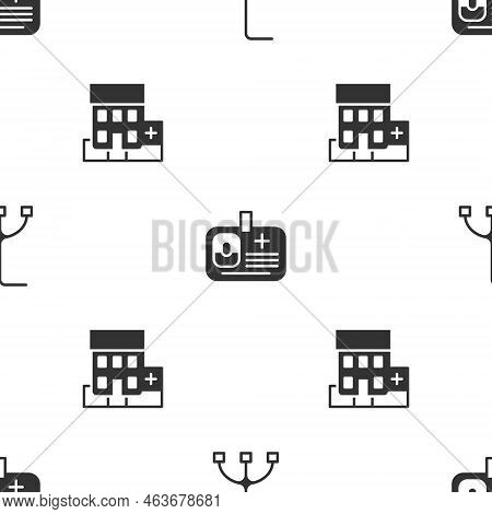 Set Walking Stick Cane, Identification Badge And Medical Hospital Building On Seamless Pattern. Vect