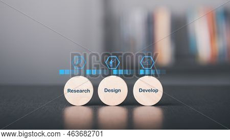 Wooden Blocks On The Table, Business Flow Icon Concept, Efficient Planning, Stepwise Strategy Manage