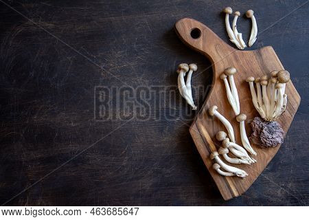 Cluster Of Fresh Brown Shimeji Mushrooms Close Up. Shimeji Mushrooms On Wooden Background