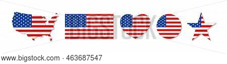 American Flag. Usa Flag With Different Forms Map, Circle, Heart, Star And Rectangle. Icons Of United