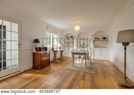 Stradishall, England - March 21 2016: Contemporary Furnished Modern Dining Room In White