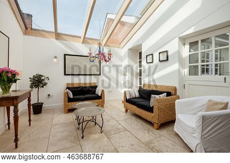 Stradishall, England - March 21 2016: Contemporary Furnished Modern Living Room With Vaulted Glass C