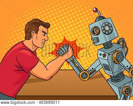 Arm Wrestling Man Vs Robot Pinup Pop Art Retro Raster Illustration. Comic Book Style Imitation.