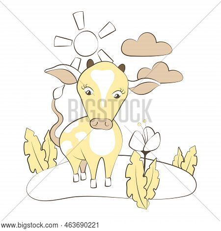 Cute Cartoon Cow Or Bull Grazing In The Field. Bright And Cozy Baby Illustration For A Book, Magazin