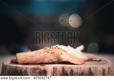 Fresh Anago Sushi On A Wood Plate. Close Up