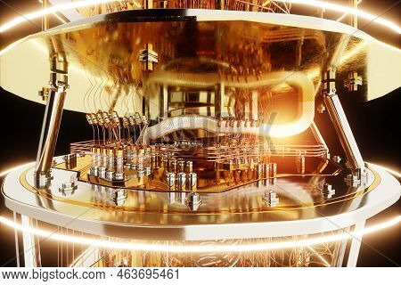 Quantum Computer, Gold Silver Mechanism Close-up, Soft Focus. Mechanism, Quantum Computing, Quantum