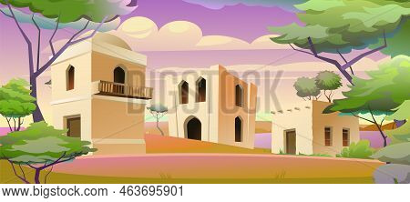 Arab Clay Hut. Morning Or Evening Dawn. Middle Eastern Adobe Dwelling. Africa And Asia Traditional H