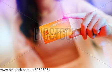Close Up View, Young Asian Woman Using Creadit Card To Conduct Online Financial Transactionsand, Con