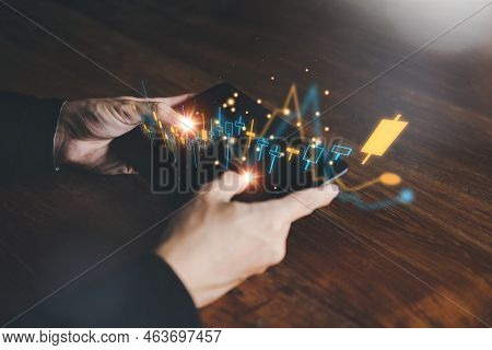 Success Business Concept. Businessman Hand Touch Hologram Of Stock Chart Or Cryptocurrency Chart Wit