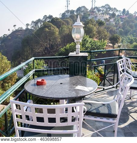 Early Morning View Of Modern Rooftop Restaurant At Kasauli, Himachal Pradesh In India, View Of Mount