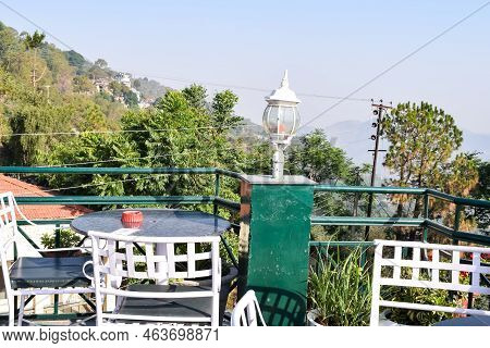 Early Morning View Of Modern Rooftop Restaurant At Kasauli, Himachal Pradesh In India, View Of Mount