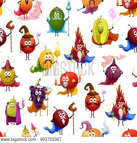Cartoon Funny Tropical Fruit Wizards, Mages, Warlocks, Magicians And Sorcerers Seamless Pattern. Vec