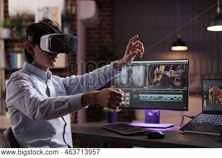 Man Using Vr Glasses To Edit Film Footage With Computer Software App. Videographer Editing Movie Mon
