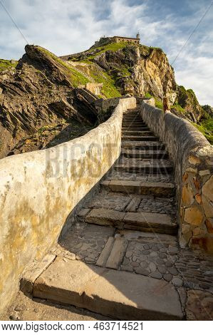 Stone Footpath To Famous Landmark And Film Location In North Of Spain, Ocean Islet With Chapel San J