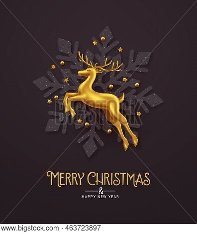 Christmas Snowflakes Vector Design Background. Merry Christmas And Happy New Year Text With Gold Dee